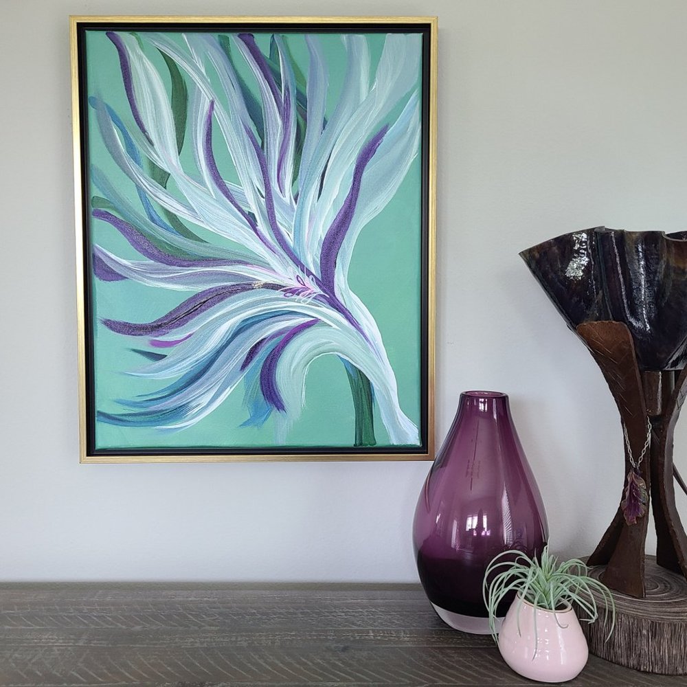 Acrylic Wall Art, Original, Framed, Flourish, Teal, Purple, Green, Blue, White